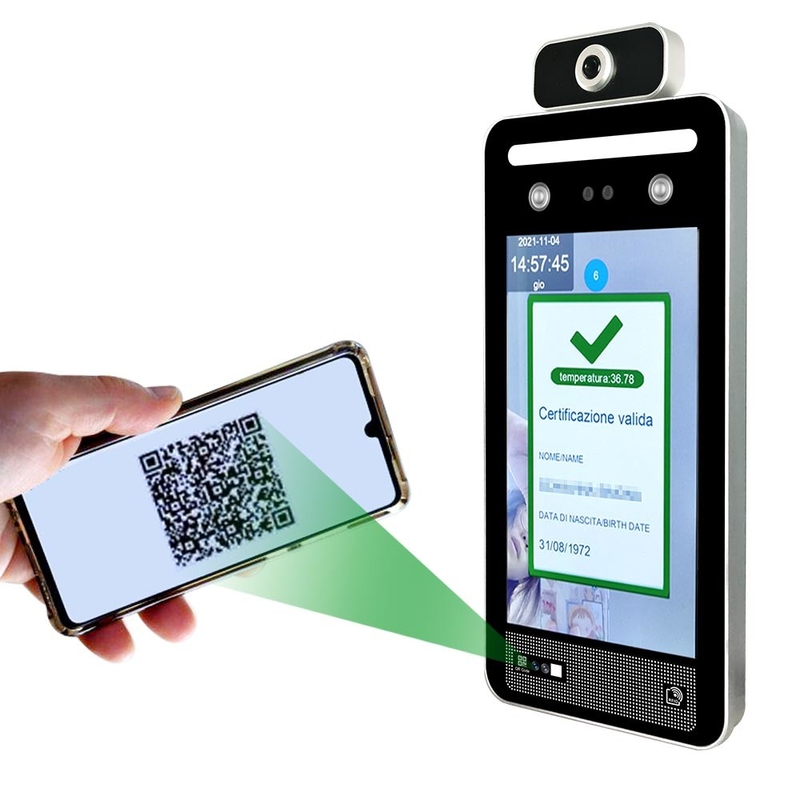 Rentang Deteksi 0.5m EU Green Pass Scanner Perangkat Pengenalan Wajah IPS 8 Inch